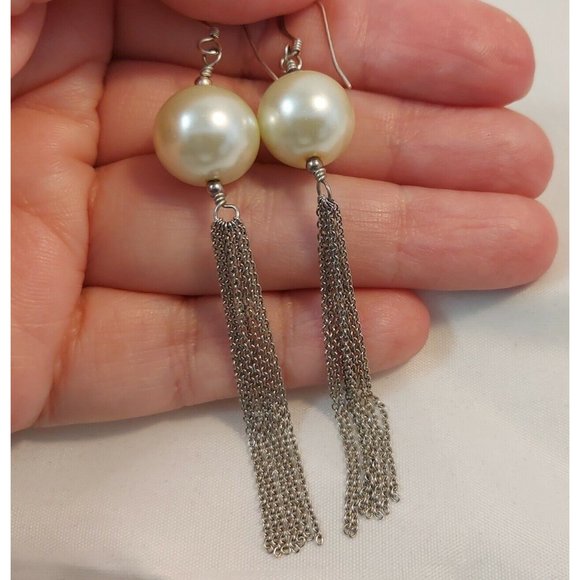Vintage Dangle Drop Earrings 15mm faux pearl tassel Earrings 3.5" - Picture 5 of 5
